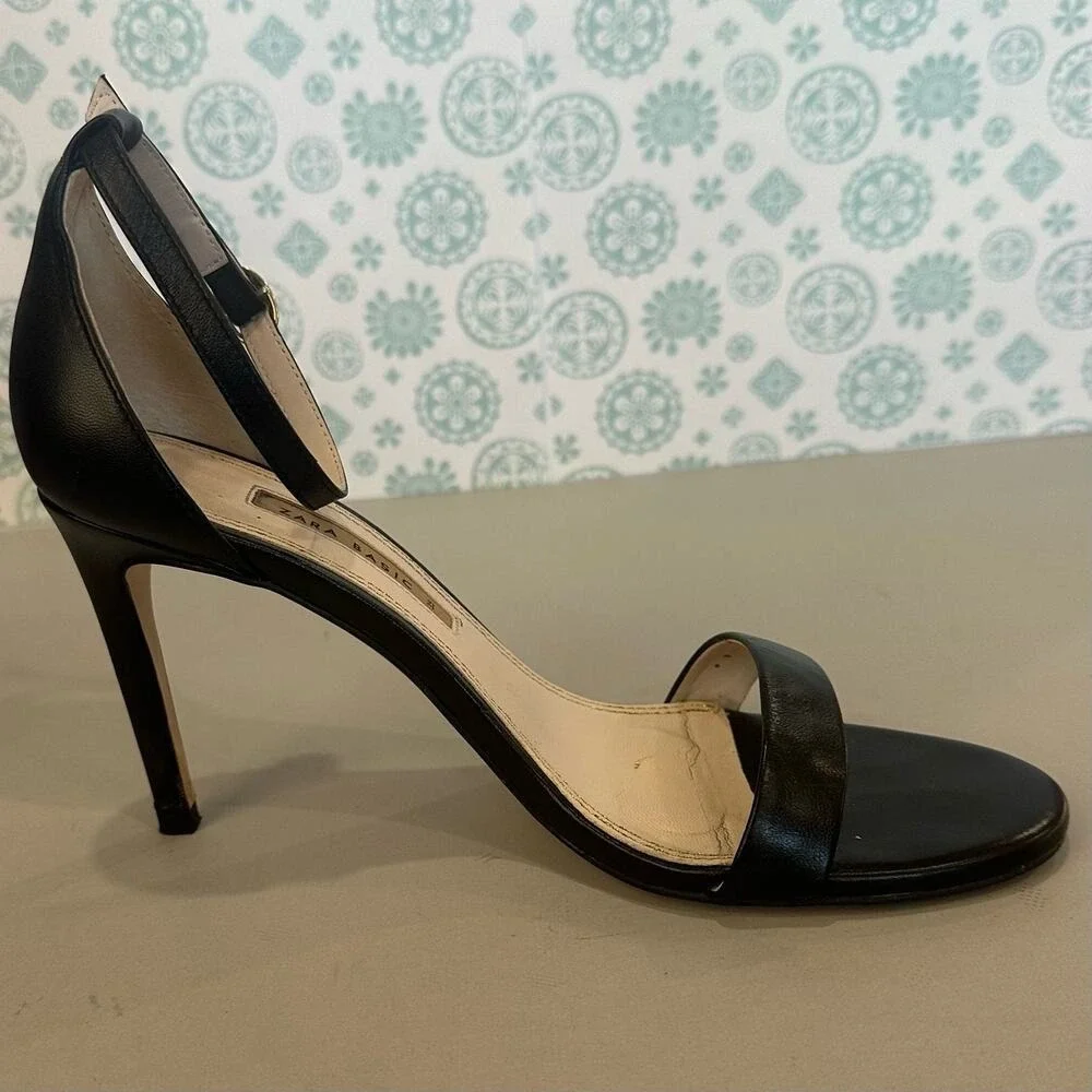 Zara Basic Heeled Sandals Womens 39 Black Good Ankle Strap Stiletto Open Toe